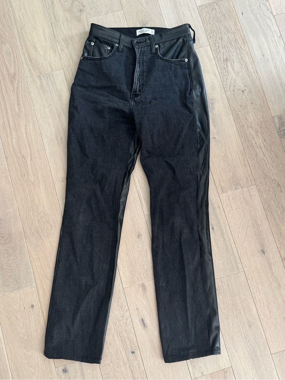 Abercrombie & Fitch Black Straight Jeans with Faux Leather Trim
